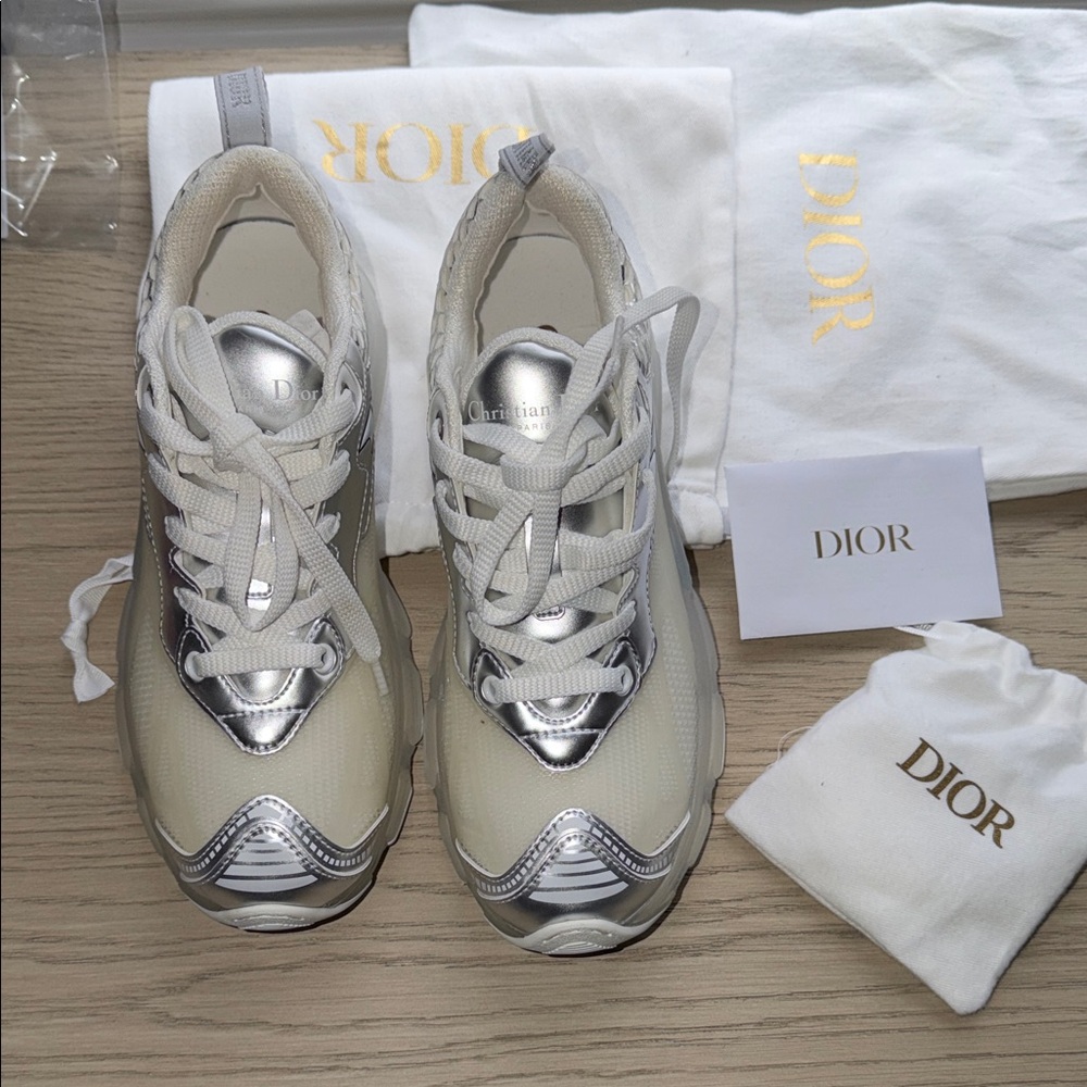 Dior Women's Metallic Silver and Cream Sneakers . No box new